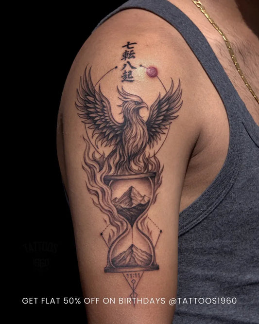 Medium Black and Grey Phoenix Hourglass Tattoo on Men Shoulder by @tattoos1960