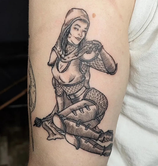 Medium Black and Grey Pin Up Girl in Armor Tattoo on Women Arm by @ice9studio