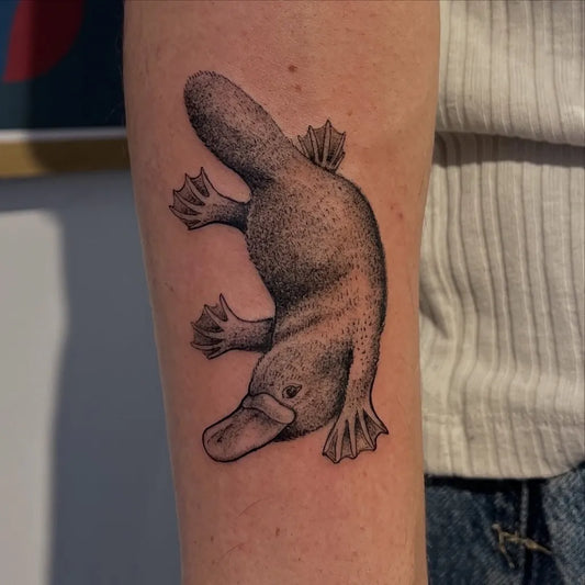 Medium Black and Grey Platypus Animal Tattoo on Women Arm by @toothseeds