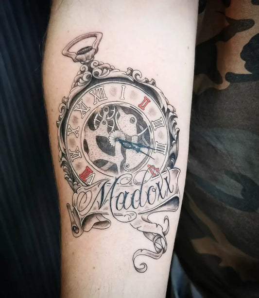 Medium Black and Grey Pocket Clock with Banner Tattoo on Men Arm by @joe_black_ta2
