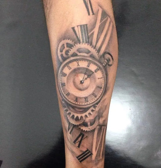 Medium Black and Grey Pocket Watch with Gears Tattoo on Men Leg by @nunes_tattoo