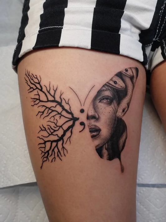 Medium Black and Grey Poison Tree Butterfly Portrait on Women Thigh Tattoo by @tatbyb