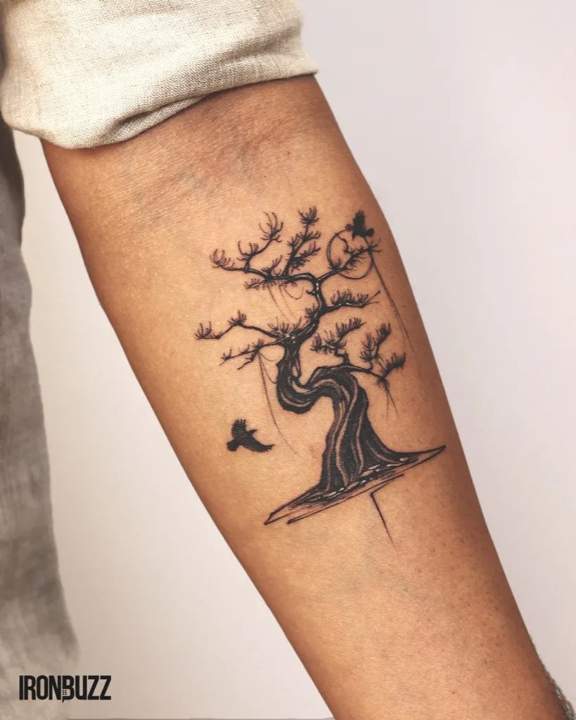 Medium Black and Grey Poison Tree and Bird on Men Arm Tattoo by @ironbuzztattoos