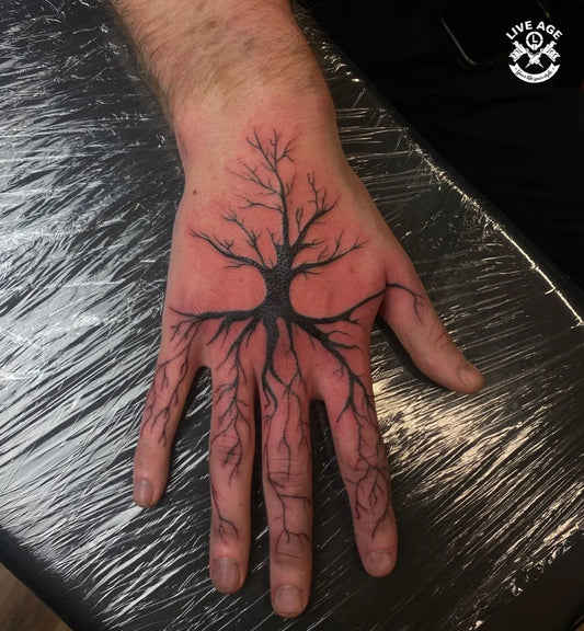 Medium Black and Grey Poison Tree on Men Hand Tattoo by @liveage_uo