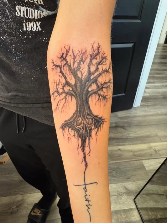 Medium Black and Grey Poison Tree with Faith Word on Men Arm Tattoo by @ink.by.re