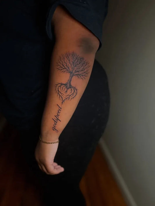 Medium Black and Grey Poison Tree with Heart Roots on Women Arm Tattoo by @inkedbymim1