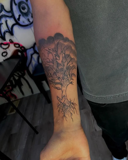 Medium Black and Grey Poison Tree with Roots and Clouds on Men Arm Tattoo by @mercury_ink_333