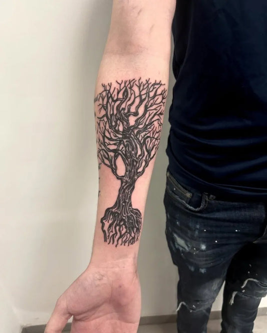 Medium Black and Grey Poison Tree with Roots on Men Arm Tattoo by @trvthseekertattoo