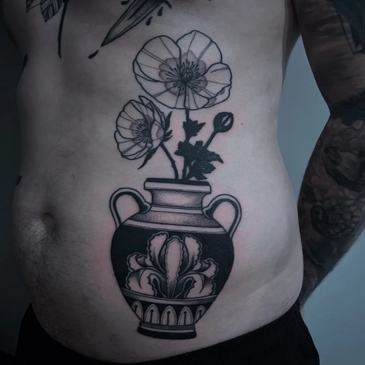 Medium Black and Grey Poppies and Vase Tattoo on Men Stomach by @andy.mc_art