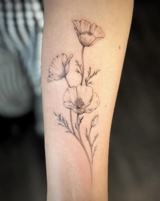 Medium Black and Grey Poppy Flowers Tattoo on Women Arm by @whiskietattoos