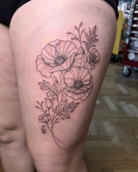 Medium Black and Grey Poppy Flowers and Leaves Tattoo on Women Thigh by @royalinktattoos