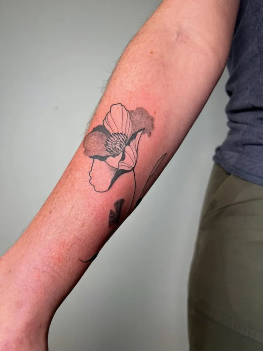 Medium Black and Grey Poppy Tattoo on Women Arm by @roxartwork