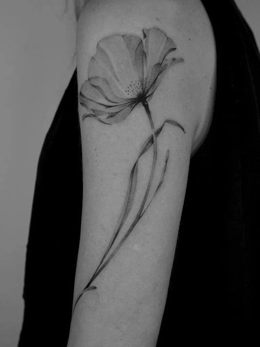 Medium Black and Grey Poppy Tattoo on Women Shoulder by @kintintattoo