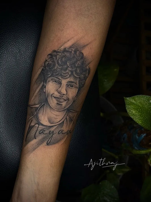 Medium Black and Grey Portrait with Name Family Tattoo on Men Arm by @art_tattoo_studi0