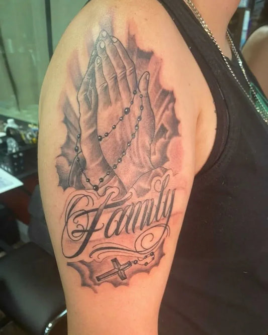 Medium Black and Grey Praying Hands Rosary Family Tattoo on Men Arm by @babyboytattoos714