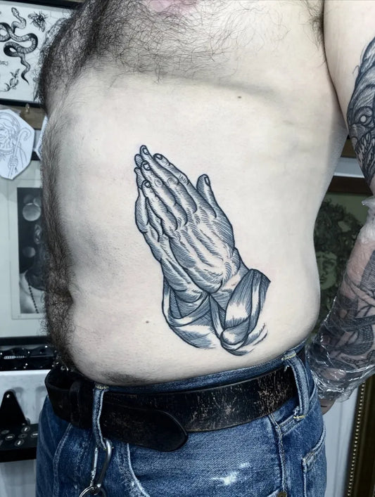 Medium Black and Grey Praying Hands Tattoo on Men Side by @maidstonejohn