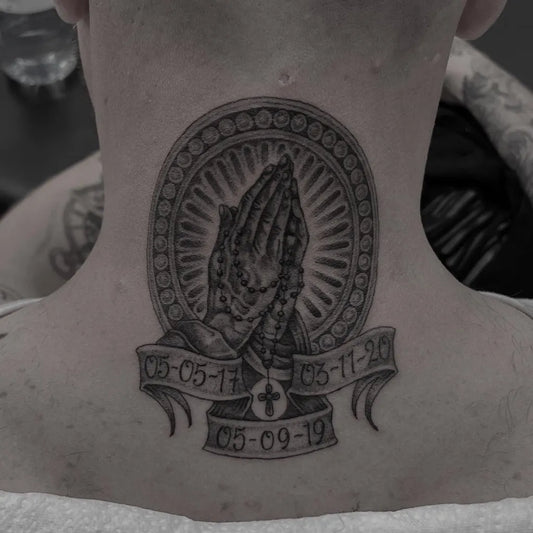 Medium Black and Grey Praying Hands with Banner and Cross Tattoo on Men Neck by @ollie_pinder