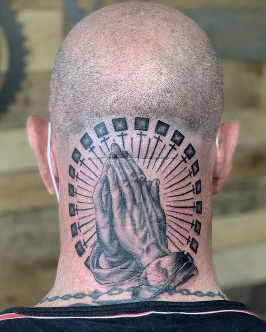 Medium Black and Grey Praying Hands with Crosses Tattoo on Men Neck by @andyarchertattooist