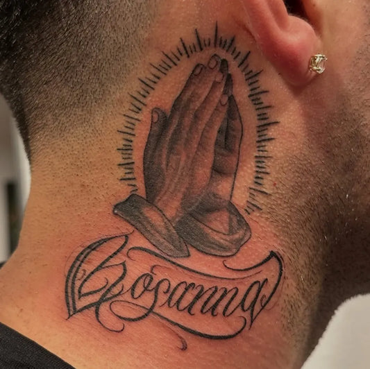 Medium Black and Grey Praying Hands with Hosanna Script Tattoo on Men Neck by @mottatattoos