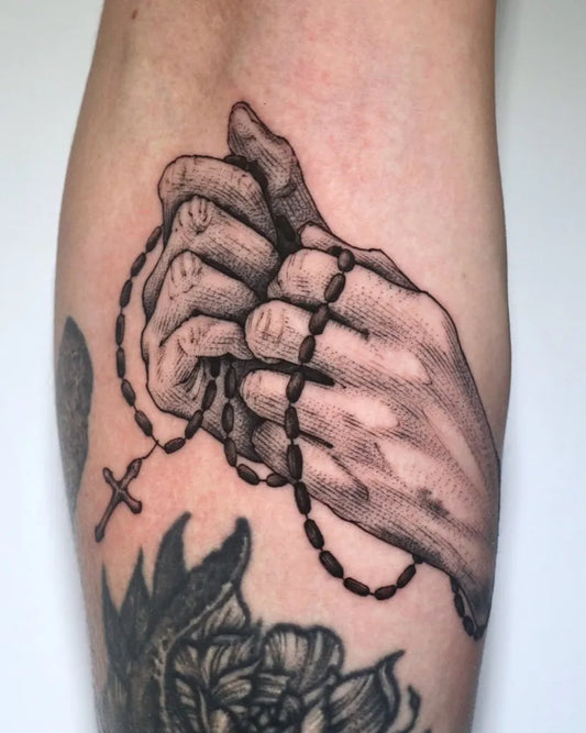 Medium Black and Grey Praying Hands with Rosary Tattoo on Men Arm by @brosubb