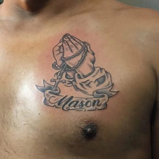 Medium Black and Grey Praying Hands with Rosary and Banner Tattoo on Men Chest by @bafluffnstabs