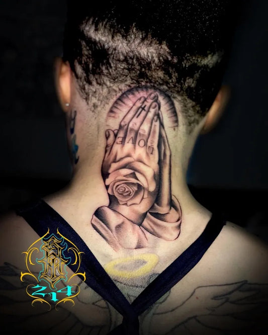 Medium Black and Grey Praying Hands with Rose and Halo Tattoo on Women Neck by @santa_tinta214