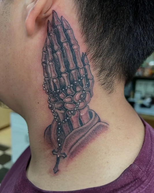 Medium Black and Grey Praying Skeleton Hands with Rosary and Cross Tattoo on Men Neck by @stevetrevinoc_s