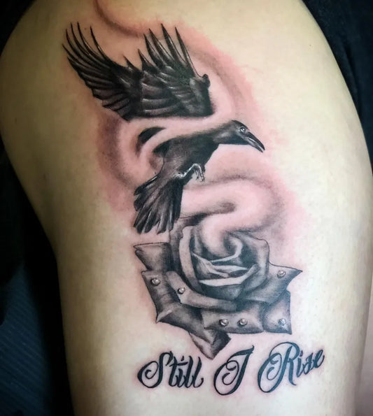 Medium Black and Grey Raven Rose Still I Rise on Women Arm Tattoo by @lucky_deville_tattoo