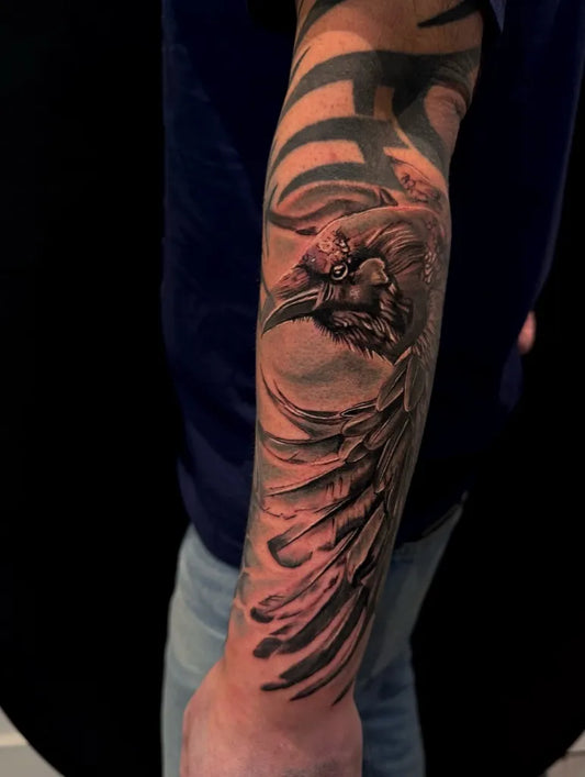 Medium Black and Grey Raven Tattoo on Men Arm by @mshade.ink