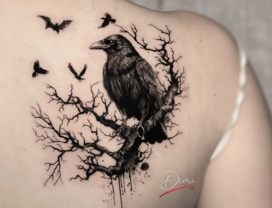 Medium Black and Grey Raven and Bats on Women Back Tattoo by @dimistattoo