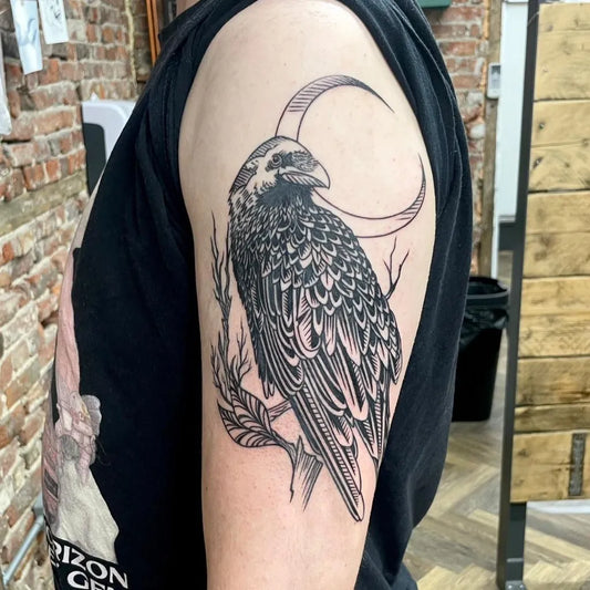 Medium Black and Grey Raven and Crescent Moon on Men Arm Tattoo by @studioonederby