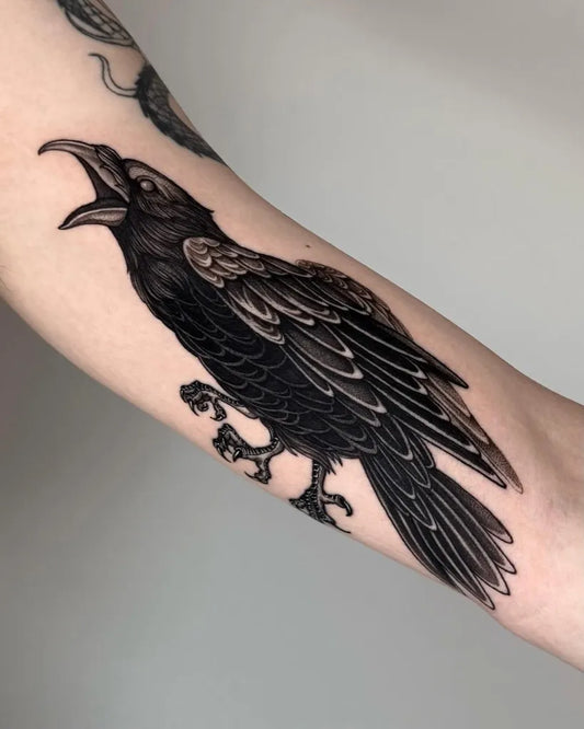 Medium Black and Grey Raven on Men Arm Tattoo by @xixi_tattoo