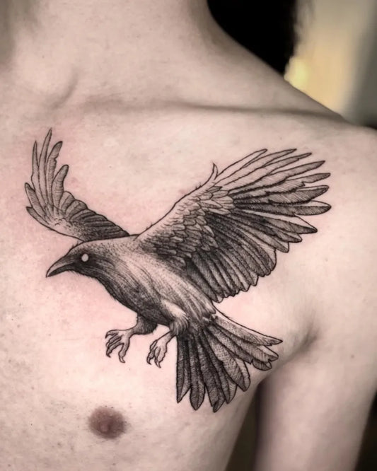 Medium Black and Grey Raven on Men Chest Tattoo by @nefelibata_rites