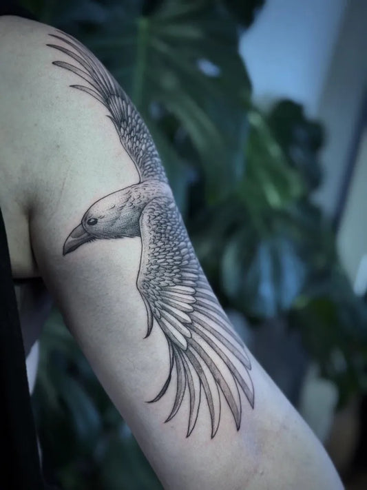 Medium Black and Grey Raven on Women Arm Tattoo by @natts_tatts