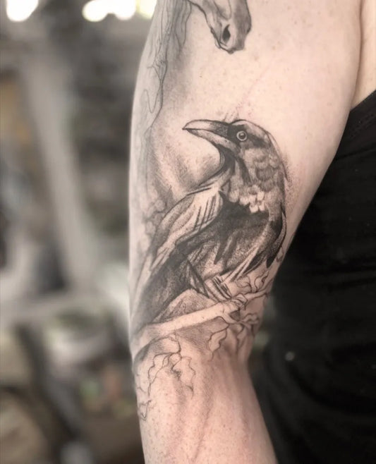 Medium Black and Grey Raven on branch on Women Arm Tattoo by @zaborska.art