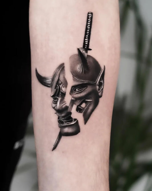Medium Black and Grey Realism Oni Mask with Sword on Men Arm Tattoo by @shon.tatts