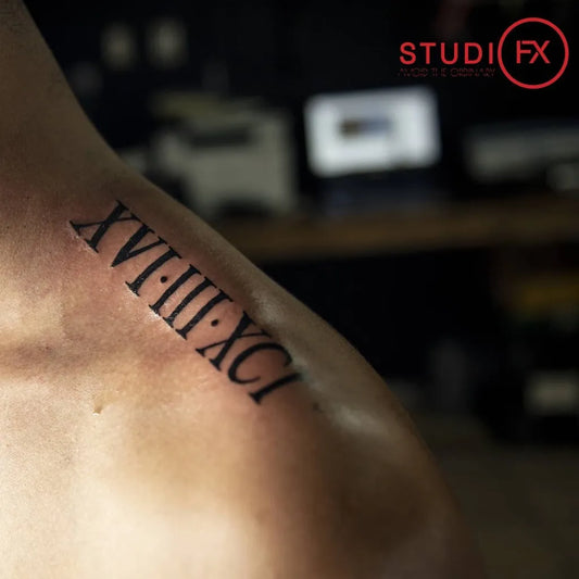 Medium Black and Grey Roman Numerals Number Tattoo on Men Neck by @studiofx.ato