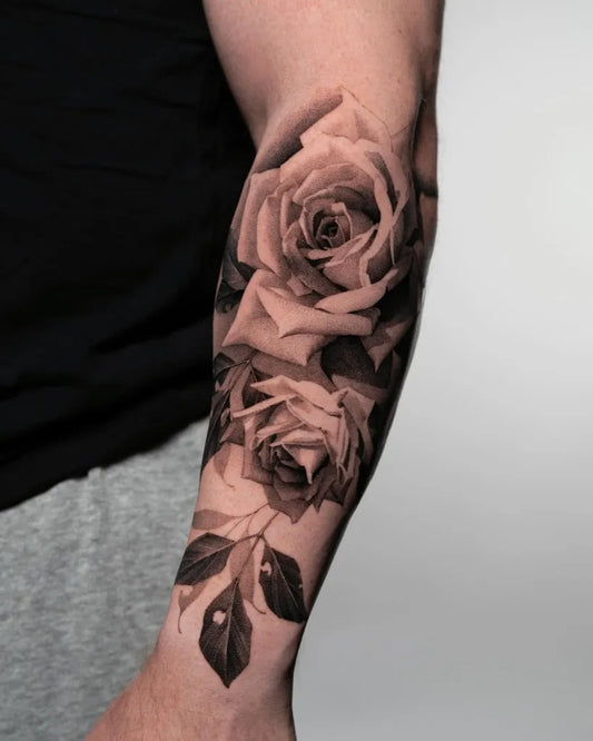Medium Black and Grey Rose Tattoo on Men Arm by @taylornph