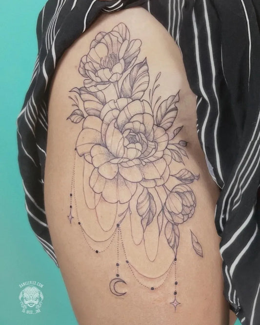 Medium Black and Grey Roses and Crescent Moon Tattoo on Women Shoulder by @liz__ink