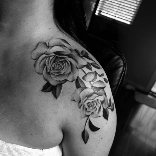 Medium Black and Grey Roses and Leaves Tattoo on Women Shoulder by @wingsofink