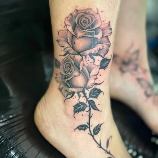 Medium Black and Grey Roses and Vines Tattoo on Women Foot by @pinpusherink