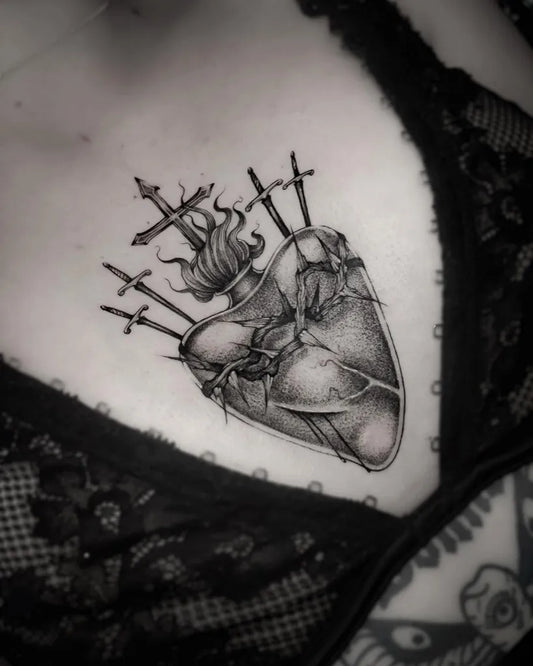 Medium Black and Grey Sacred Heart Tattoo on Women Chest by @orochimoo.tattoo