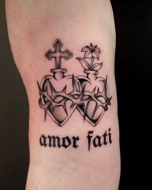 Medium Black and Grey Sacred Hearts with Cross and Lily Tattoo on Men Arm by @daeath