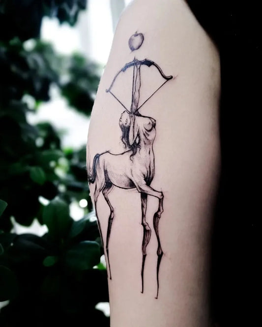 Medium Black and Grey Sagittarius Arrow Tattoo on Women Shoulder by @_nono_tattoo