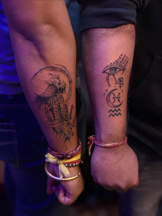 Medium Black and Grey Samurai Eye and Zodiac Signs Spiritual Tattoo on Men Arm by @sonuvashist68