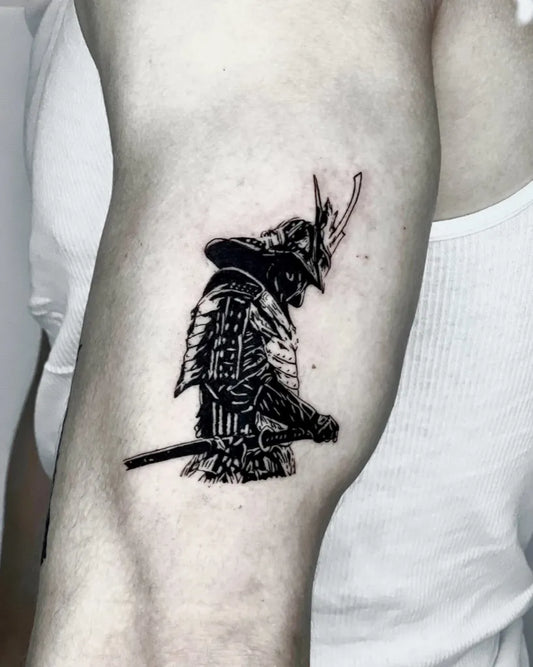 Medium Black and Grey Samurai Tattoo on Men Arm by @caesar_tattooer