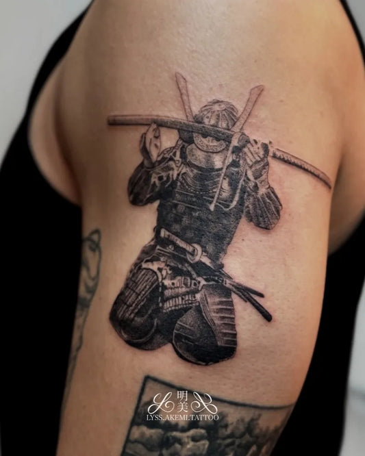 Medium Black and Grey Samurai Tattoo on Men Arm by @lyss.akemi.tattoo