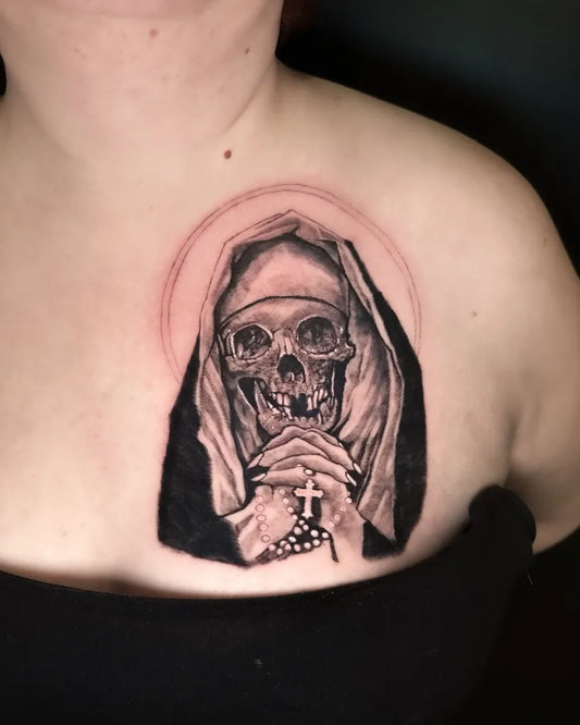 Medium Black and Grey Santa Muerte Nun Skull Tattoo on Women Shoulder by @pocotattooleeds