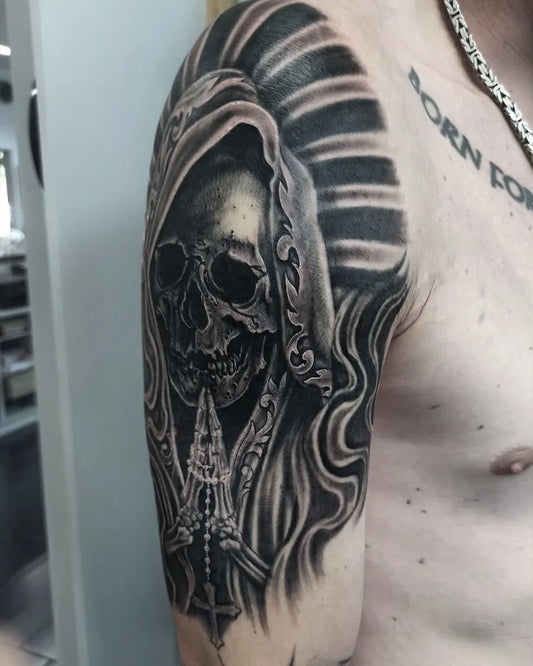 Medium Black and Grey Santa Muerte Tattoo on Men Shoulder by @scl_tattoo