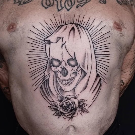 Medium Black and Grey Santa Muerte with Rose Tattoo on Men Chest by @tattoo_black_soul